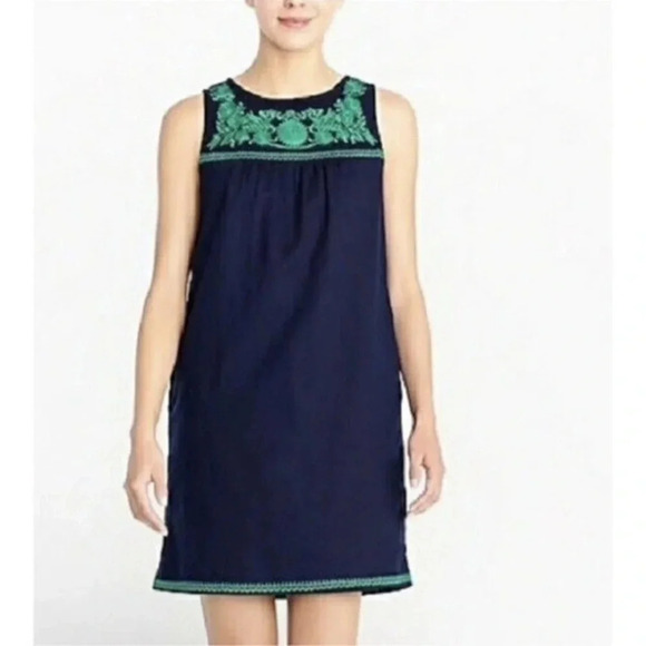 J. Crew Dresses & Skirts - J. Crew Navy & Green Linen Embroidered Sleeveless Shift Dress Size XXS